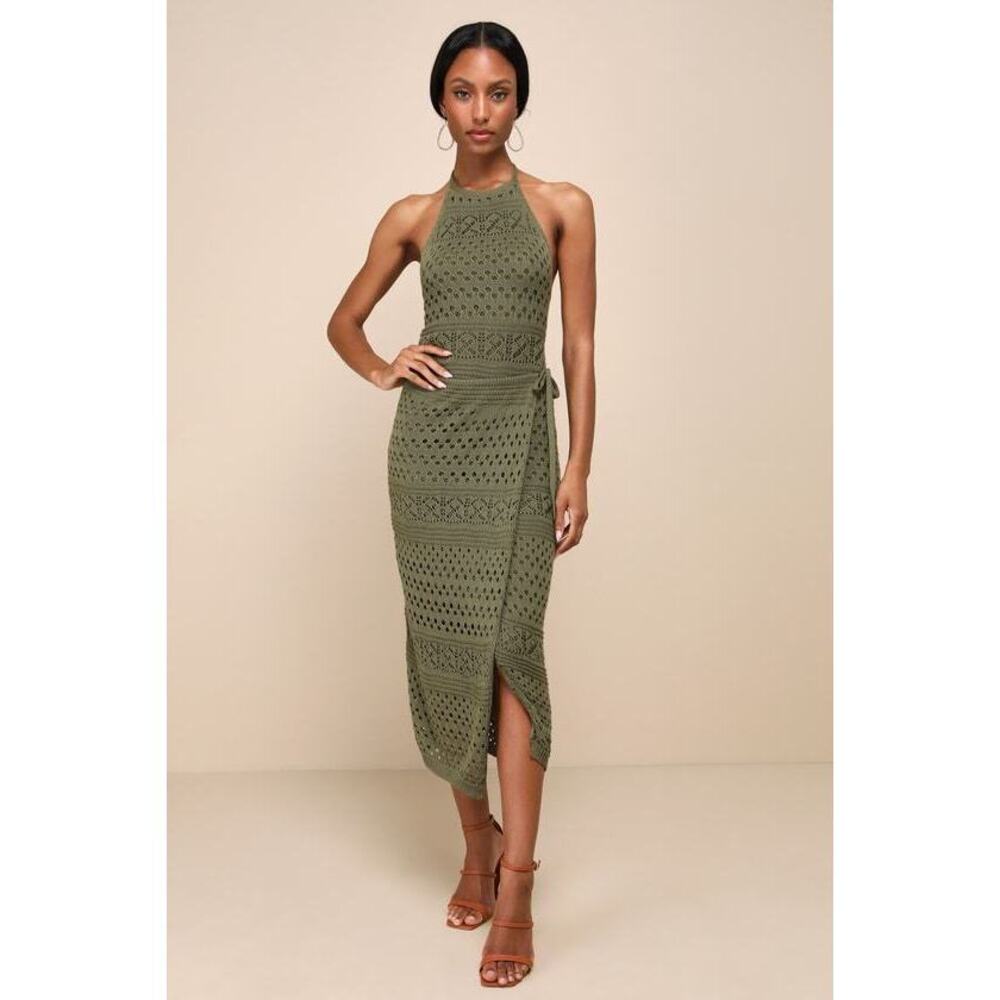 Lulus Blissful Strolls Olive Green Crochet Faux-wrap Halter Midi Dress - Size S
